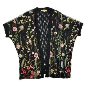 Mesh+Lace Floral Embroidered Kimono Cardigan Medium Black Boho Open Front Sheer